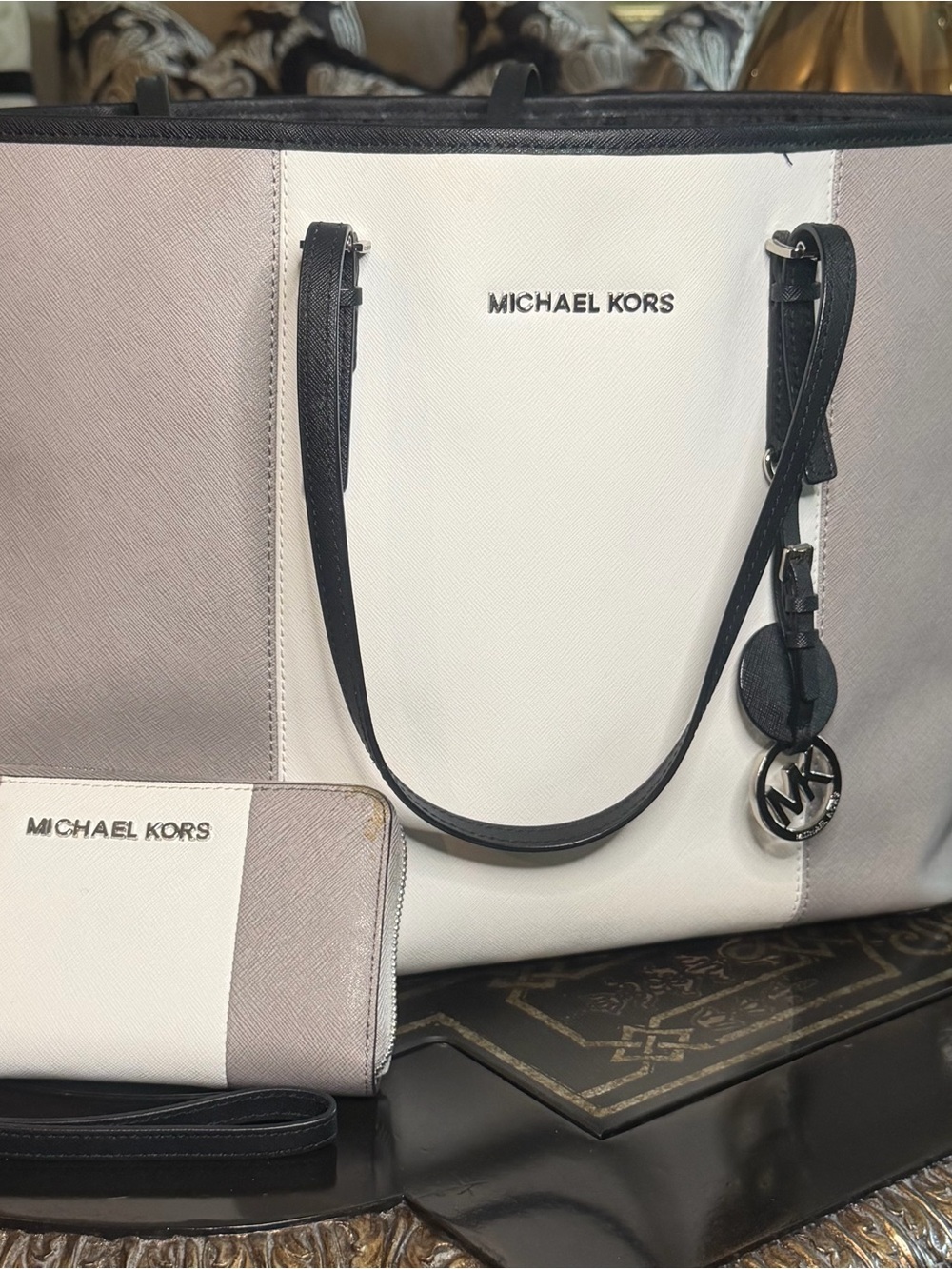 Michael Kors Cream and Taupe Colorblock Saffiano Tote with Wallet